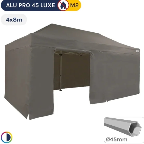 Barnum pliant - Stand pliant Alu Pro 45 LUXE M2 4mx8m TAUPE + Pack Côtés 380gr/m²