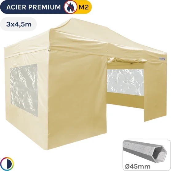 Barnum Pliant - Stand Acier Premium M2 3x4,5m BEIGE + Pack Fenêtres 380gr/m²