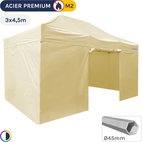 Barnum Pliant - Stand Acier Premium M2 3x4,5m BEIGE + Pack Côtés 380gr/m²