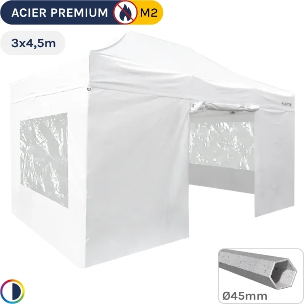 Barnum Pliant - Stand Acier Premium M2 3x4,5m BLANC + Pack Fenêtres 380gr/m²