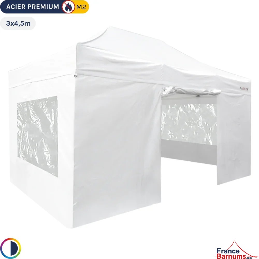 Tente Pliante - Stand Acier Premium M2 3x4,5m BLANC + Pack Fenêtres 380gr/m²