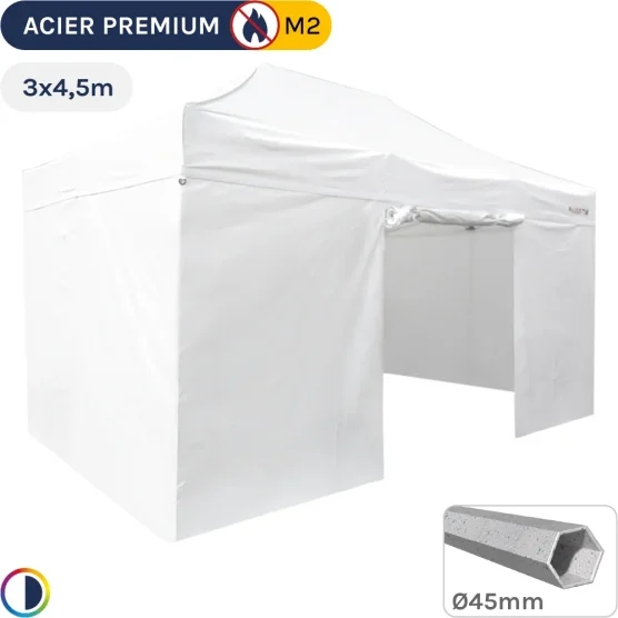 Barnum Pliant - Stand Acier Premium M2 3x4,5m BLANC + Pack Côtés 380gr/m²