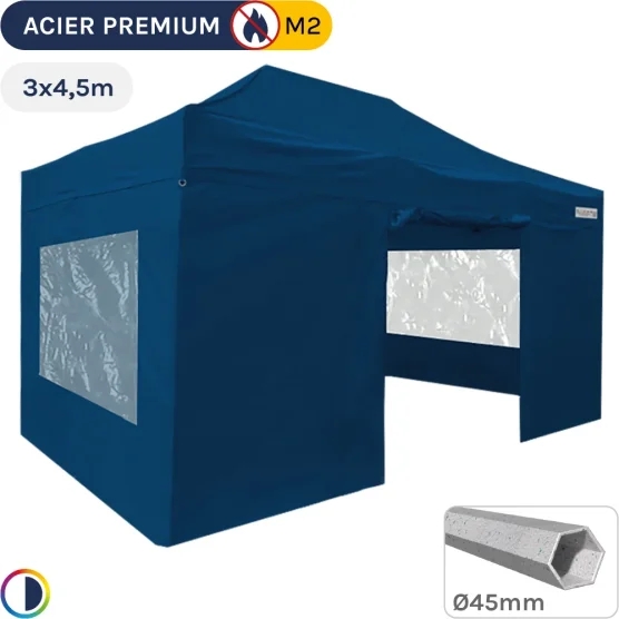 Barnum Pliant - Stand Acier Premium M2 3x4,5m BLEU + Pack Fenêtres 380gr/m²