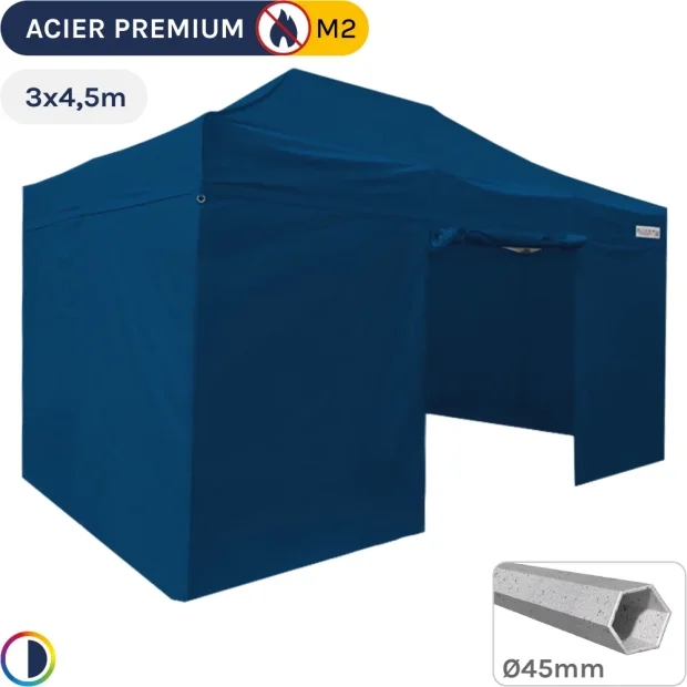 Barnum Pliant - Stand Acier Premium M2 3x4,5m BLEU + Pack Côtés 380gr/m²