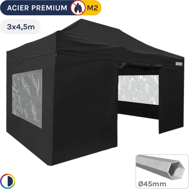 Barnum Pliant - Stand Acier Premium M2 3x4,5m NOIR + Pack Fenêtres 380gr/m²