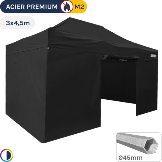 Barnum Pliant - Stand Acier Premium M2 3x4,5m NOIR + Pack Côtés 380gr/m²