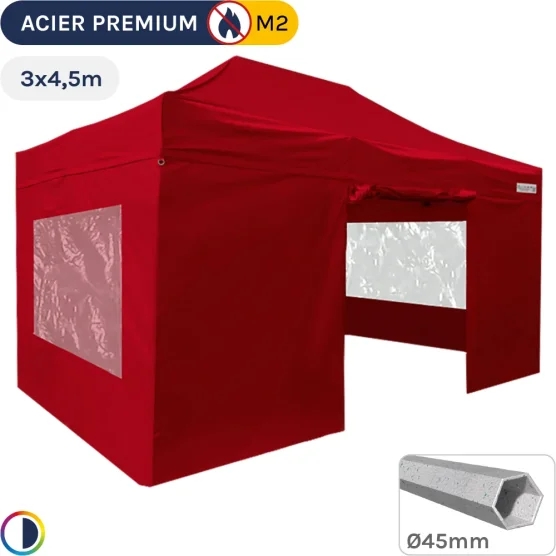 Barnum Pliant - Stand Acier Premium M2 3x4,5m ROUGE + Pack Fenêtres 380gr/m²