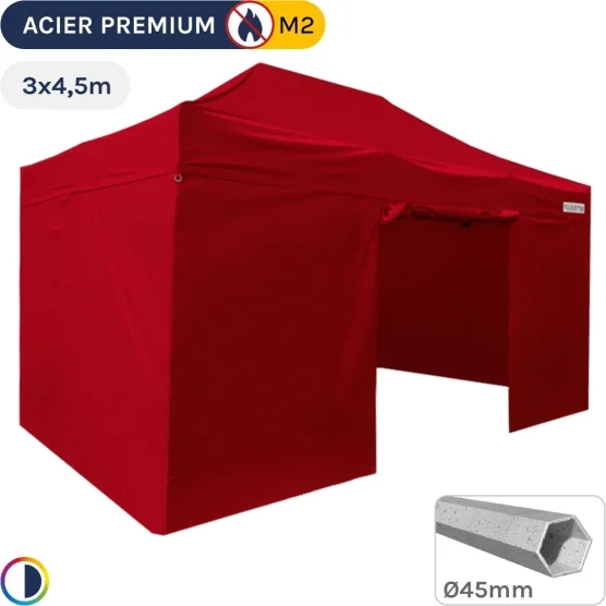 Barnum Pliant - Stand Acier Premium M2 3x4,5m ROUGE + Pack Côtés 380gr/m²