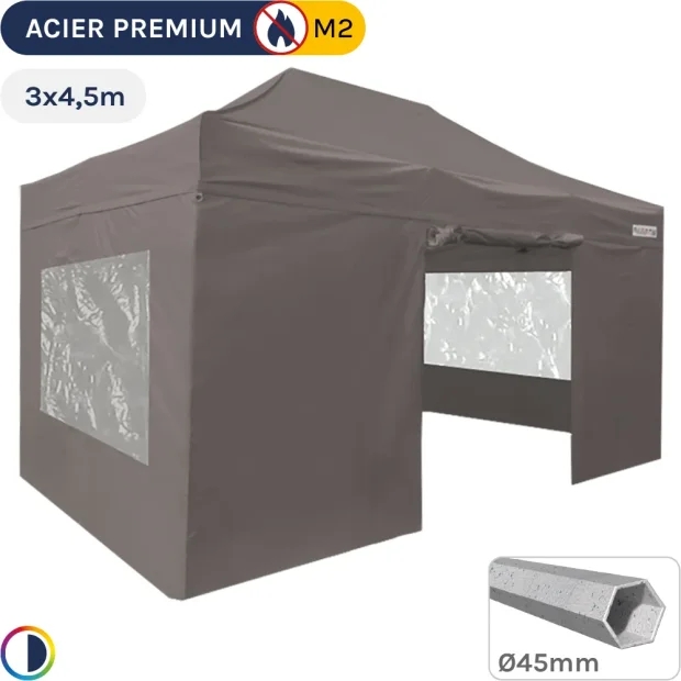 Barnum Pliant - Stand Acier Premium M2 3x4,5m TAUPE + Pack Fenêtres 380gr/m²