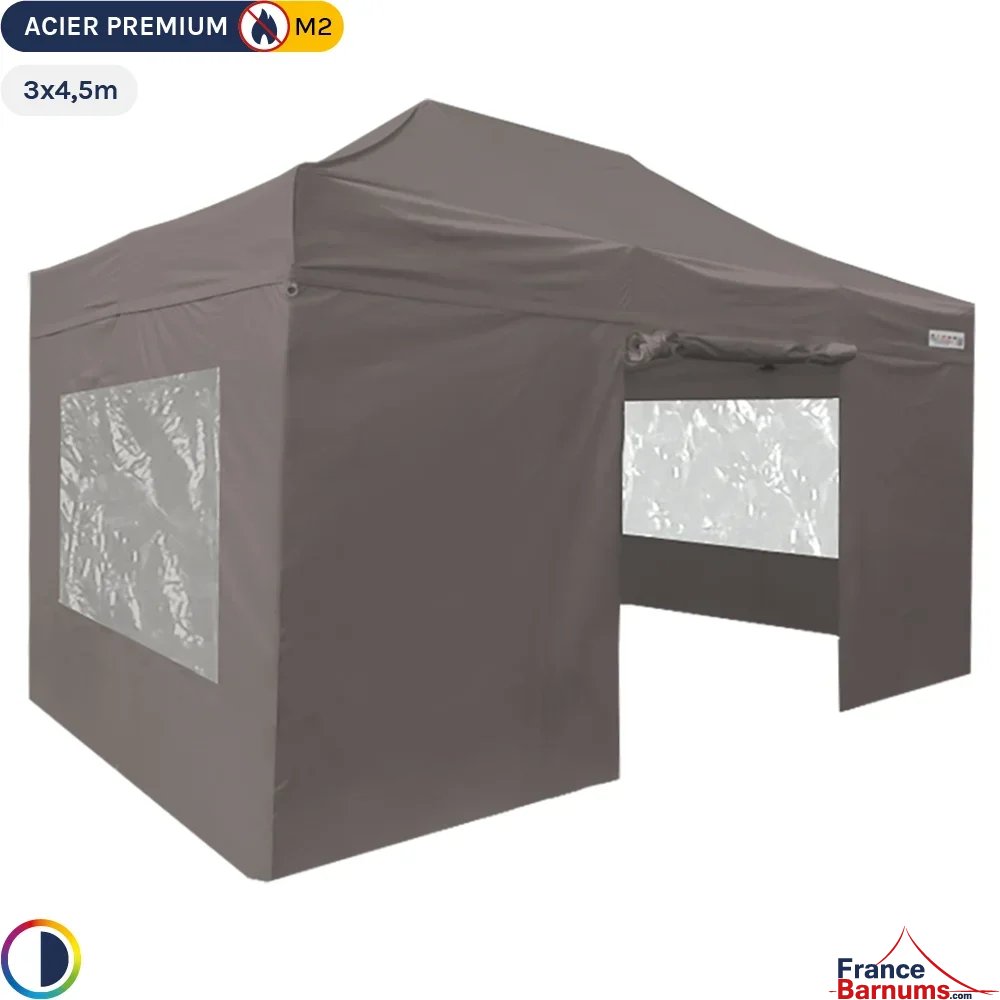 Tente Pliante - Stand Acier Premium M2 3x4,5m TAUPE + Pack Fenêtres 380gr/m²