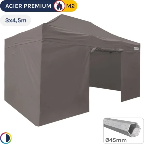 Barnum Pliant - Stand Acier Premium M2 3x4,5m TAUPE + Pack Côtés 380gr/m²