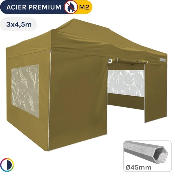 Barnum Pliant - Stand Acier Premium M2 3x4,5m VERT DORÉ + Pack Fenêtres 380gr/m²