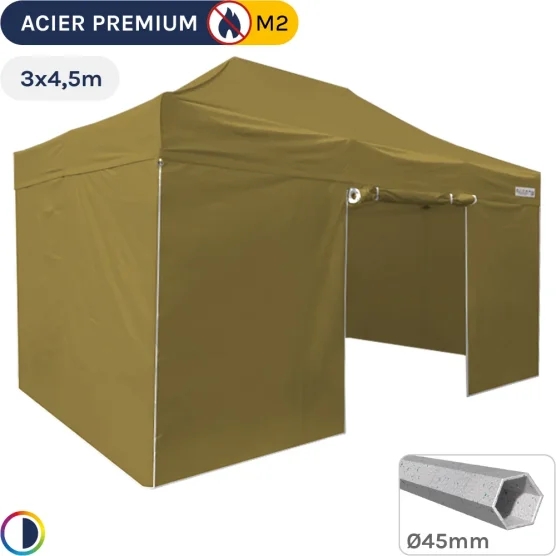 Barnum Pliant - Stand Acier Premium M2 3x4,5m VERT DORÉ + Pack Côtés 380gr/m²