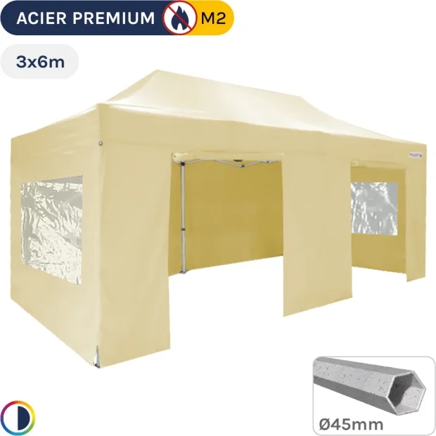 Barnum Pliant - Stand Acier Premium M2 3x6m BEIGE + Pack Fenêtres 380gr/m²