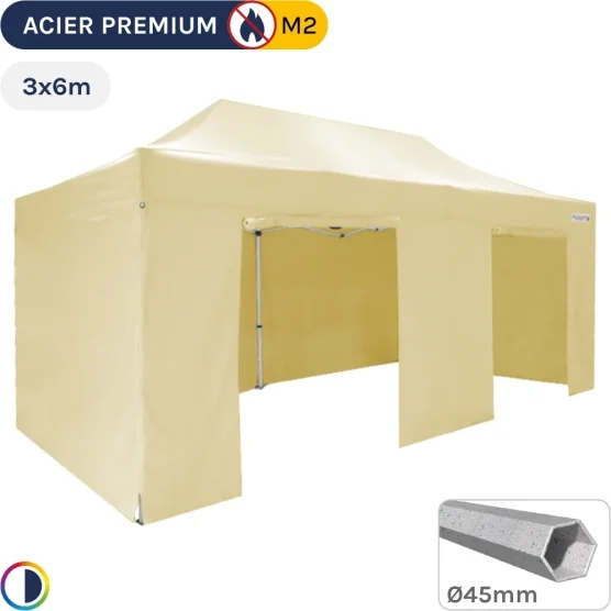 Barnum Pliant - Stand Acier Premium M2 3x6m BEIGE + Pack Côtés 380gr/m²