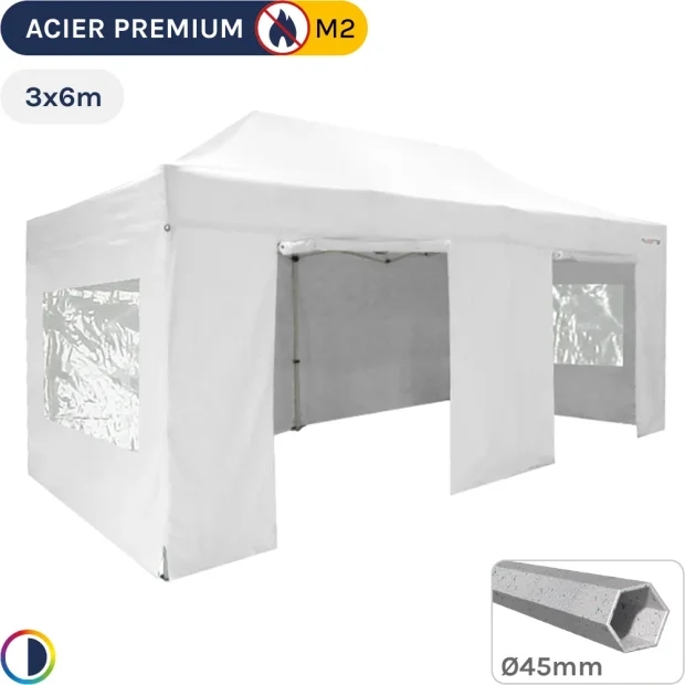 Barnum Pliant - Stand Acier Premium M2 3x6m BLANC + Pack Fenêtres 380gr/m²