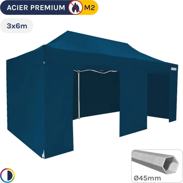 Barnum Pliant - Stand Acier Premium M2 3x6m BLEU + Pack Côtés 380gr/m²