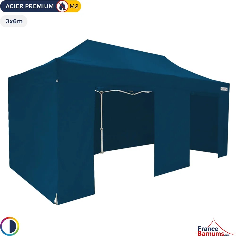 Tente Pliante - Stand Acier Premium M2 3x6m BLEU + Pack Côtés 380gr/m²