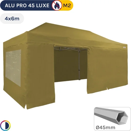 Barnum pliant - Tente pliante Alu Pro 45 LUXE M2 4mx6m VERT DORÉ + Pack Fenêtres 380gr/m²