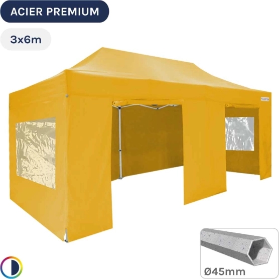 Barnum Pliant - Stand Acier Premium 3x6m JAUNE + Pack Fenêtres 380gr/m²