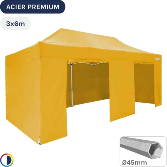 Barnum Pliant - Stand Acier Premium 3x6m JAUNE + Pack Côtés 380gr/m²