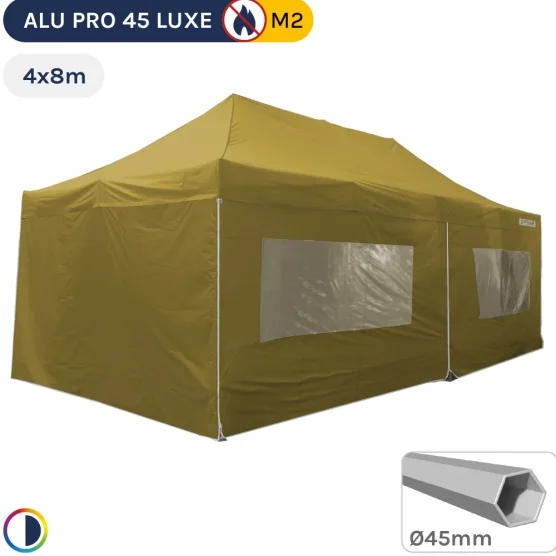 Chapiteau pliant Alu Pro 45 LUXE M2 4mx8m VERT DORÉ + Pack Fenêtres 380gr/m²