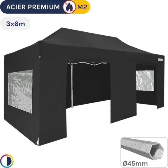 Barnum Pliant - Stand Acier Premium M2 3x6m NOIR + Pack Fenêtres 380gr/m²