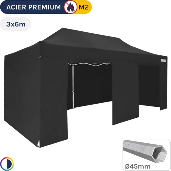 Barnum Pliant - Stand Acier Premium M2 3x6m NOIR + Pack Côtés 380gr/m²