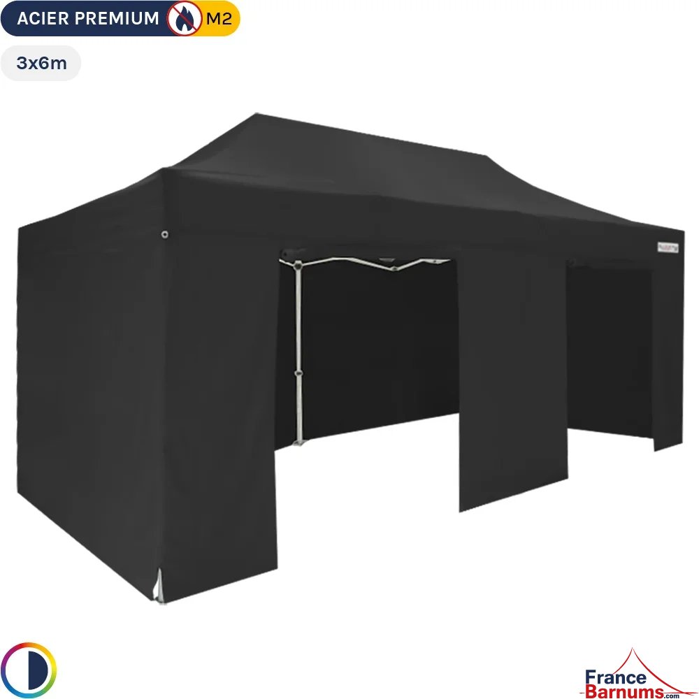 Tente Pliante - Stand Acier Premium M2 3x6m NOIR + Pack Côtés 380gr/m²