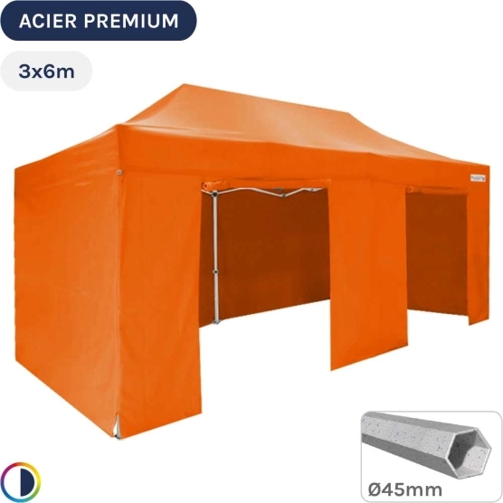 Barnum Pliant - Stand Acier Premium 3x6m ORANGE + Pack Côtés 380gr/m²