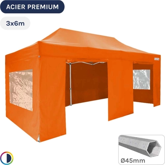 Barnum Pliant - Stand Acier Premium 3x6m ORANGE + Pack Fenêtres 380gr/m²