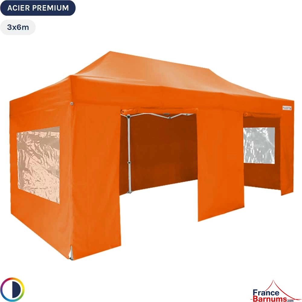 Tente Pliante - Stand Acier Premium 3x6m ORANGE + Pack Fenêtres 380gr/m²