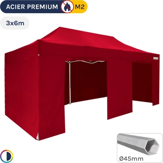 Barnum Pliant - Stand Acier Premium M2 3x6m ROUGE + Pack Côtés 380gr/m²