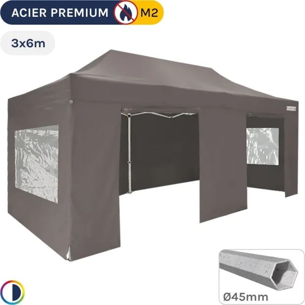 Barnum Pliant - Stand Acier Premium M2 3x6m TAUPE + Pack Fenêtres 380gr/m²