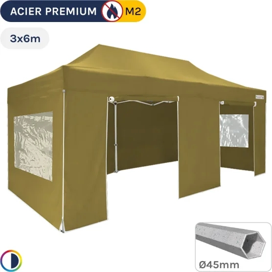 Barnum Pliant - Stand Acier Premium M2 3x6m VERT DORÉ + Pack Fenêtres 380gr/m²