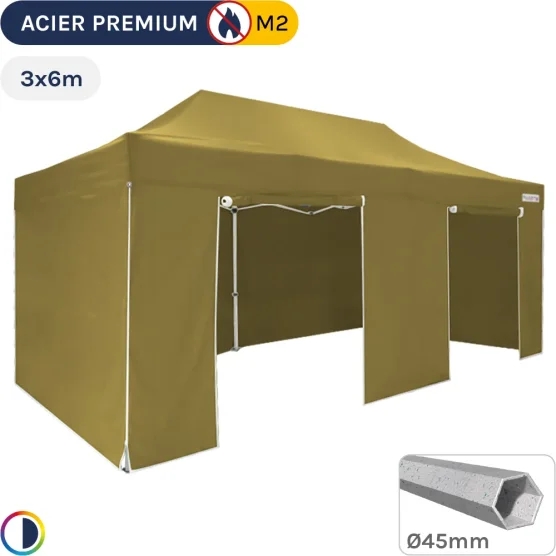 Barnum Pliant - Stand Acier Premium M2 3x6m VERT DORÉ + Pack Côtés 380gr/m²