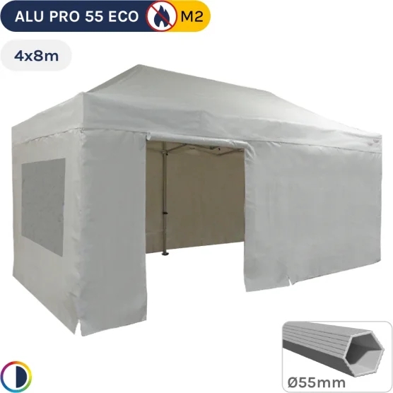 Barnum pliant Alu Pro 55 ECO 4mx8m BLANC + Toit 580gr/m² et Fenêtres 380gr/m²