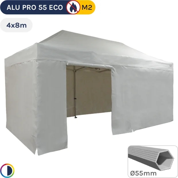 Barnum pliant Alu Pro 55 ECO M2 4mx8m BLANC + Toit 580gr/m² et Côtés 380gr/m²