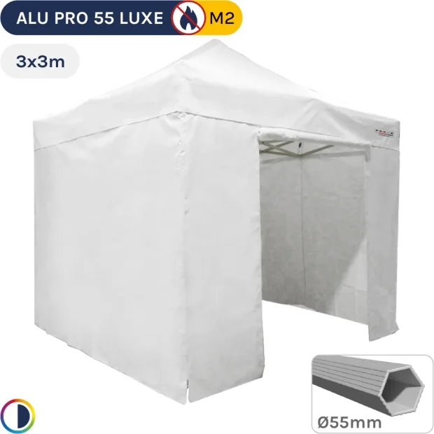 Barnum pliant Alu Pro 55 LUXE M2 3mx3m BLANC + Pack Côtés 580gr/m²