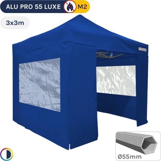 Barnum pliant Alu Pro 55 LUXE M2 3mx3m BLEU + Pack Fenêtres en PVC 580gr/m²