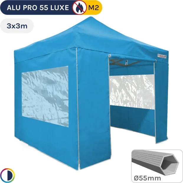 Barnum pliant Alu Pro 55 LUXE M2 3mx3m BLEU CIEL + Pack Fenêtres 580gr/m²