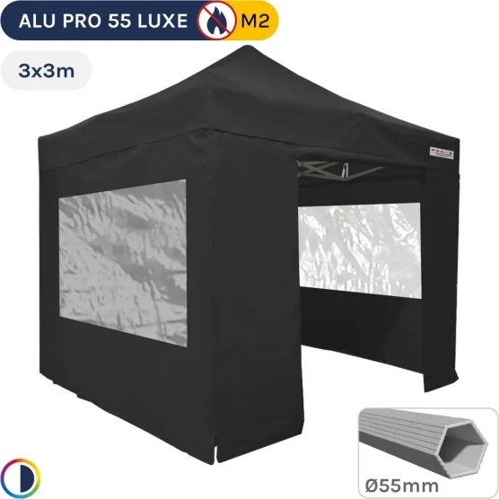 Barnum pliant Alu Pro 55 LUXE M2 3mx3m NOIR + Pack Fenêtres 580gr/m²