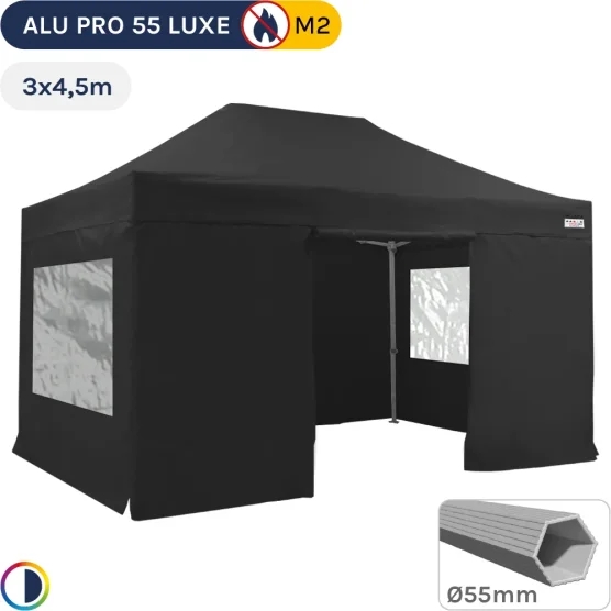 Barnum pliant Alu Pro 55 LUXE M2 3mx4,5m NOIR + Pack Fenêtres 580gr/m²