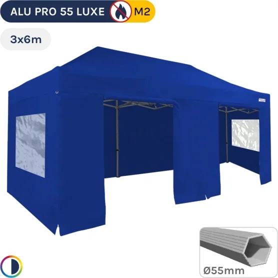 Barnum pliant Alu Pro 55 LUXE M2 3mx6m BLEU + Pack Fenêtres en PVC 580gr/m²