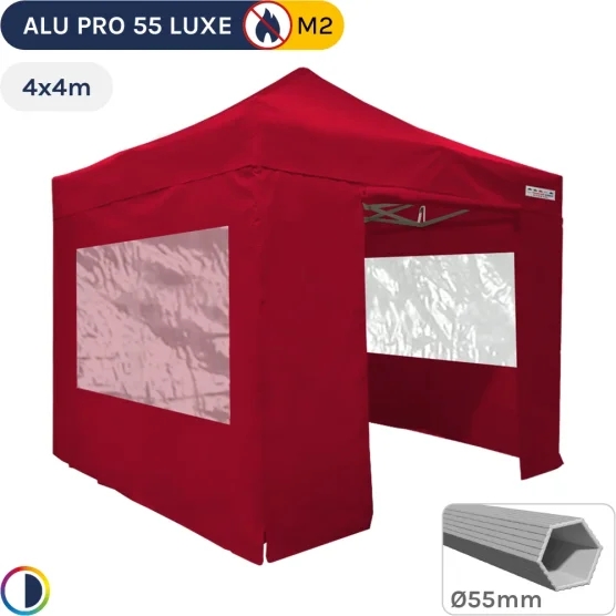 Barnum pliant Alu Pro 55 LUXE M2 4mx4m ROUGE + Pack Fenêtres PVC 580gr/m²