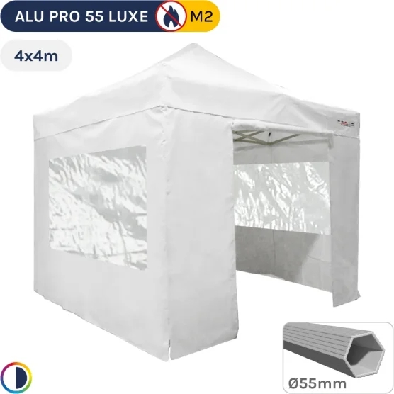 Barnum pliant Alu Pro 55 LUXE M2 4mx4m BLANC + Pack Fenêtres PVC 580gr/m²