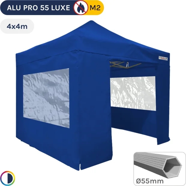 Barnum pliant Alu Pro 55 LUXE M2 4mx4m BLEU + Pack Fenêtres PVC 580gr/m²