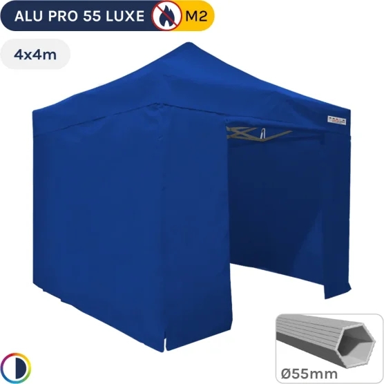 Barnum pliant Alu Pro 55 LUXE M2 4mx4m BLEU + Pack Côtés PVC 580gr/m²