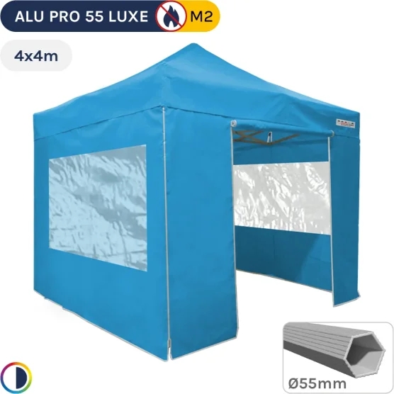 Barnum pliant Alu Pro 55 LUXE M2 4mx4m BLEU CIEL + Pack Fenêtres PVC 580gr/m²