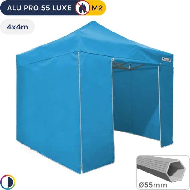 Barnum pliant Alu Pro 55 LUXE M2 4mx4m BLEU CIEL + Pack Côtés PVC 580gr/m²